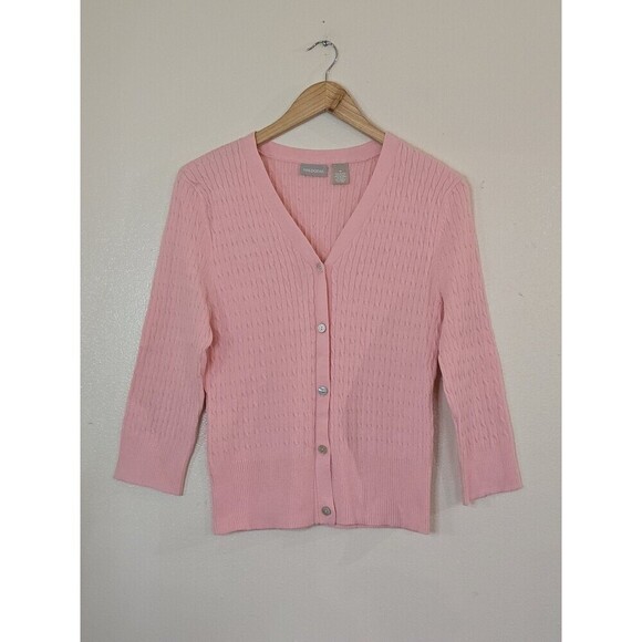 Field Gear Pink Button Cardigan Sweater Womens Medium Knit Preppy 3/4 Sleeve - Picture 1 of 9